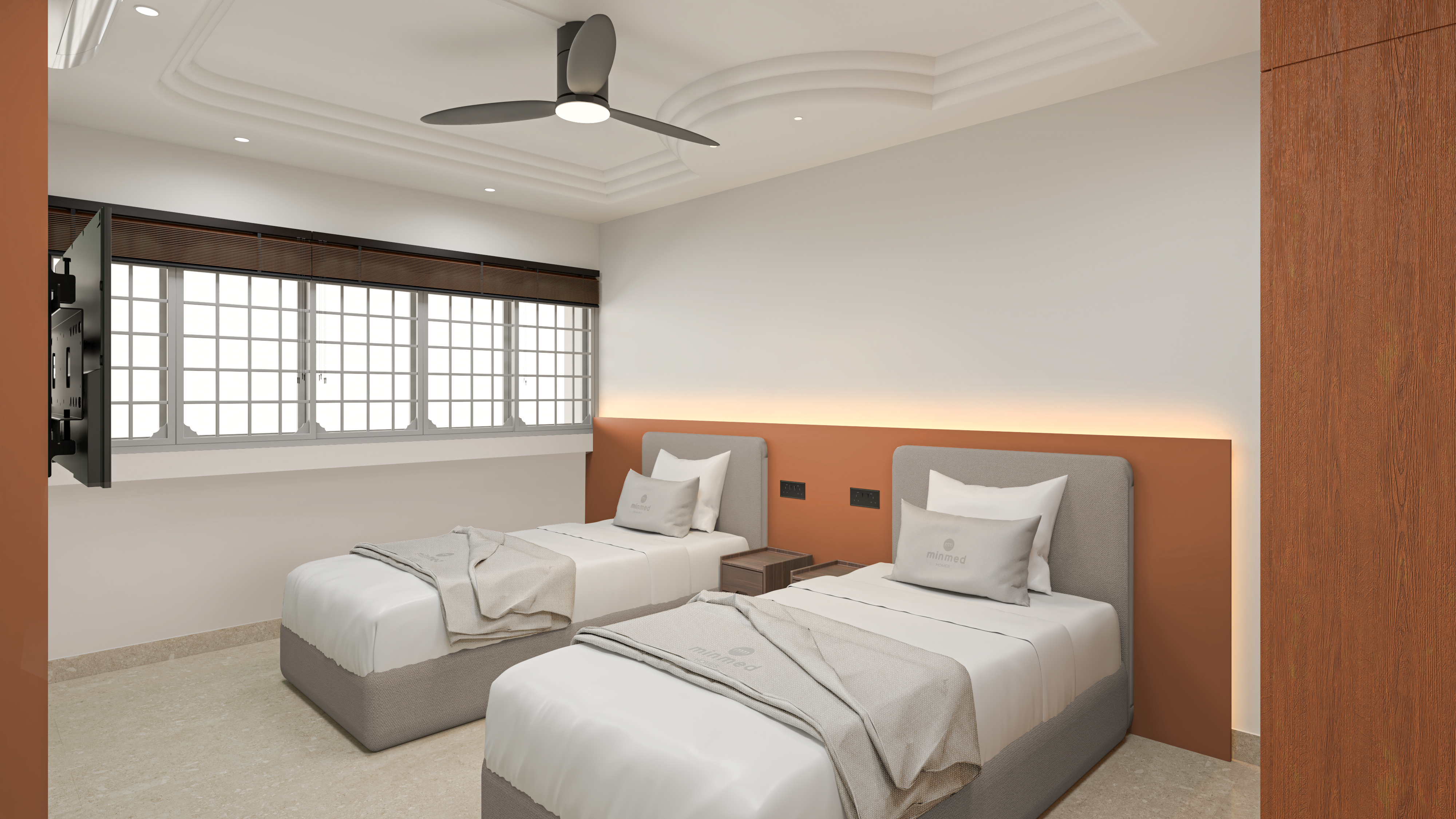 Twin bedroom with terracotta feature headboard wall and ceiling fan