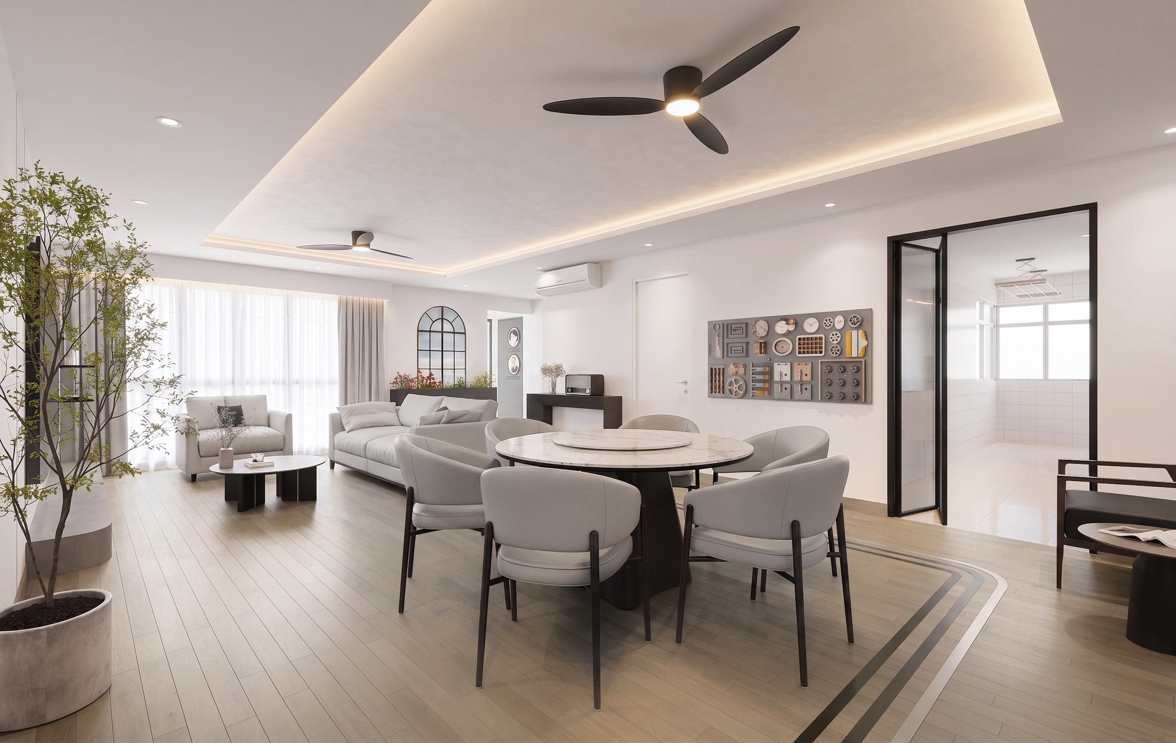 Living and dining area with circular marble table and utility room