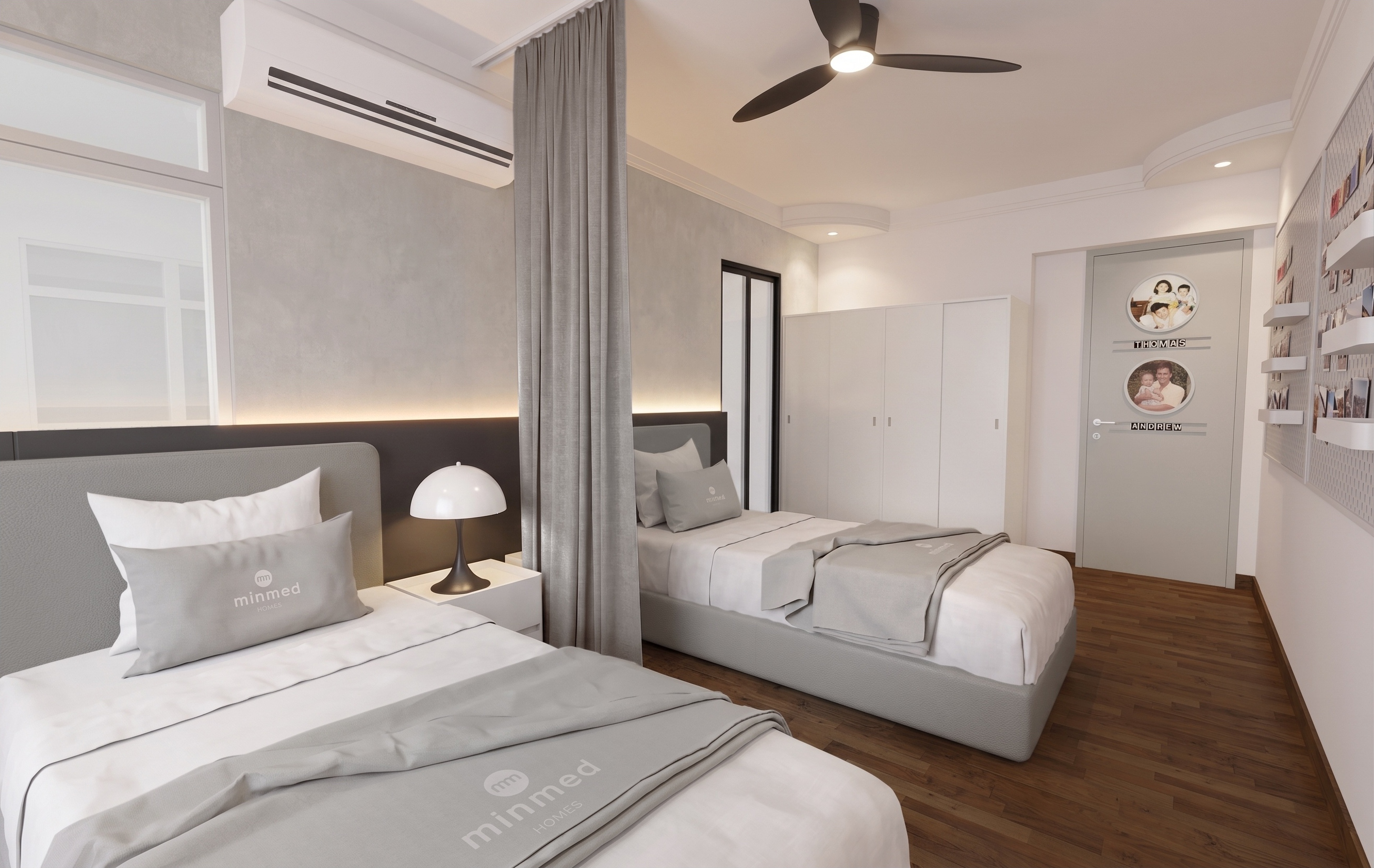 Twin bedroom divided by floor-to-ceiling curtain and wardrobes