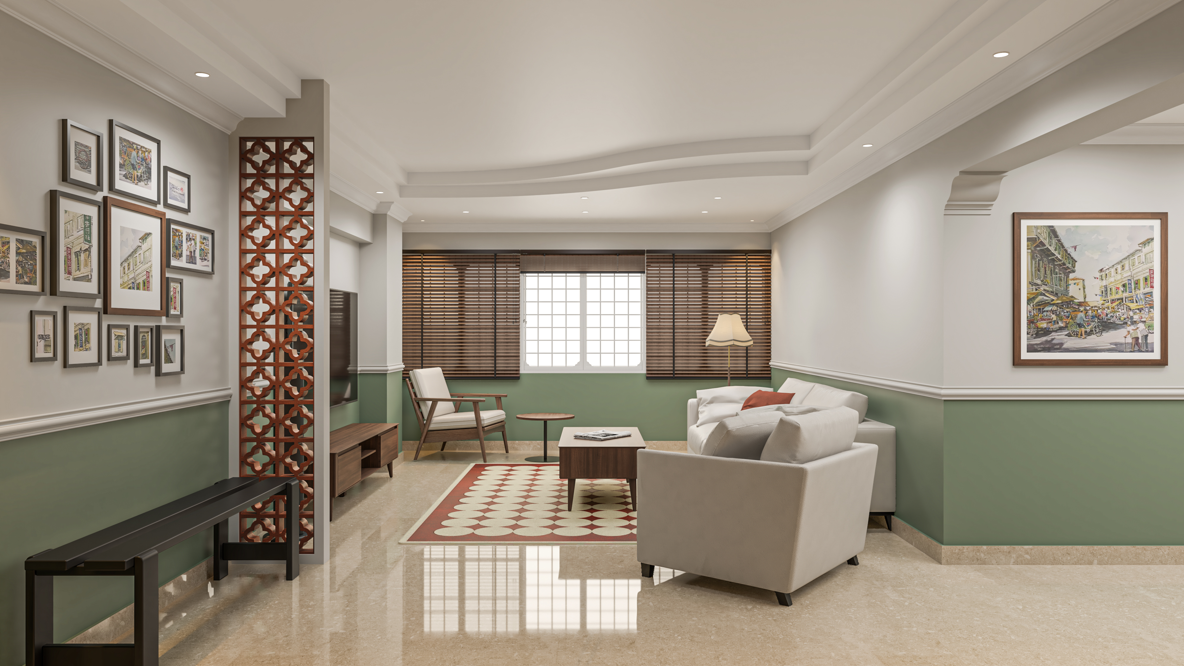 Living room with retro green walls, Peranakan screen and heritage gallery wall