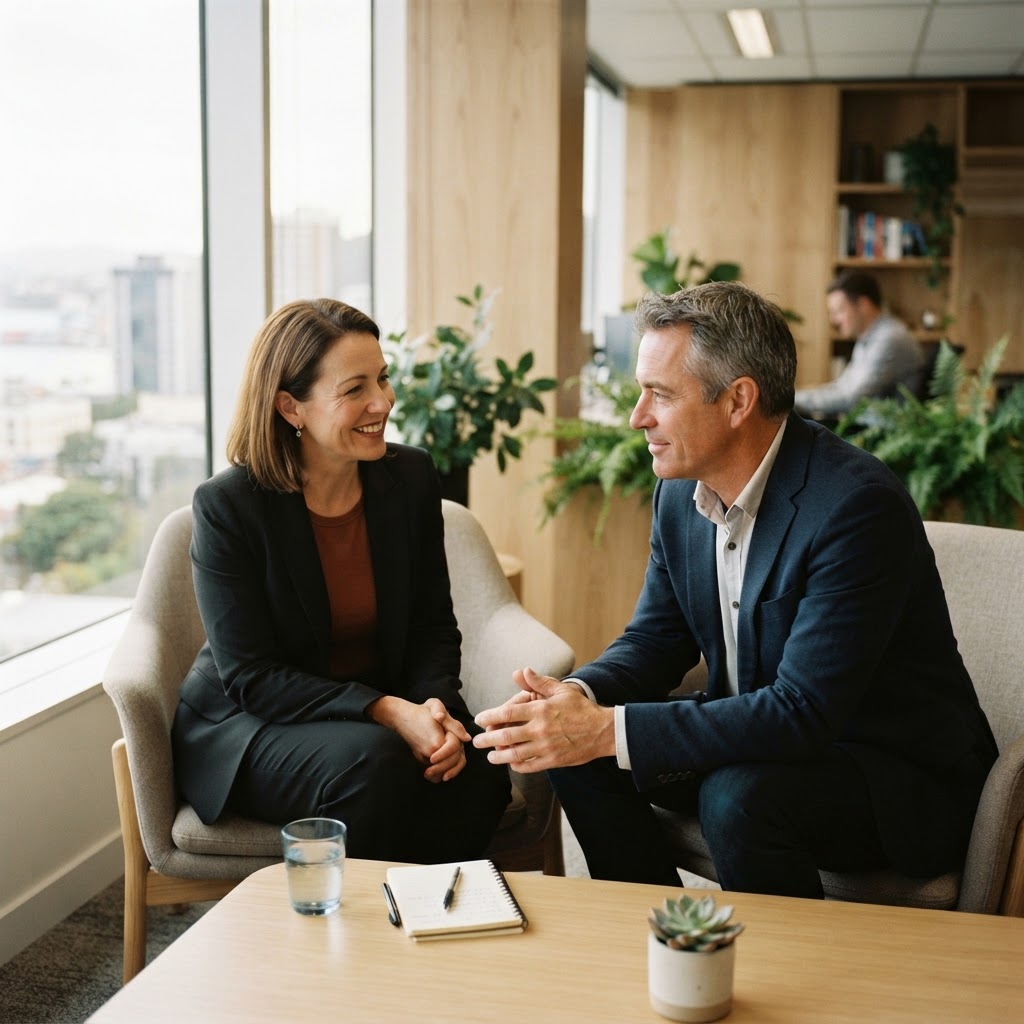 An experienced executive coaching conversation in warm natural light