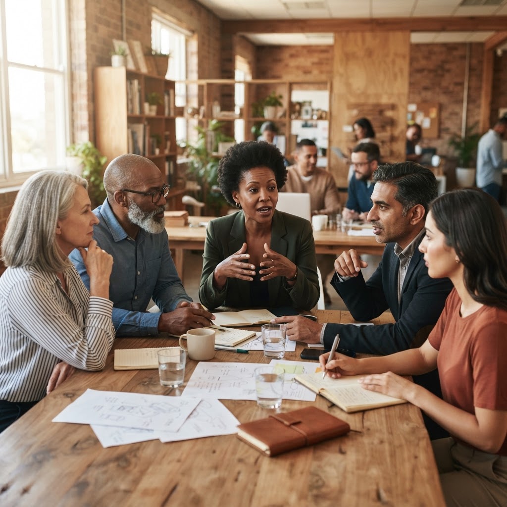 An executive in a focused one-to-one coaching conversation