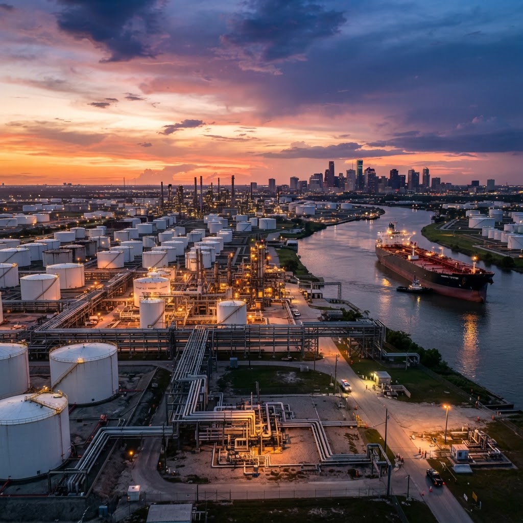 Houston Gulf Coast oil terminal at dusk