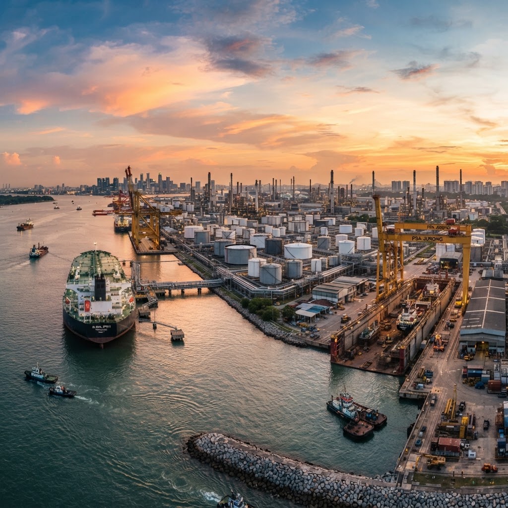 Jurong Singapore oil terminal at sunset