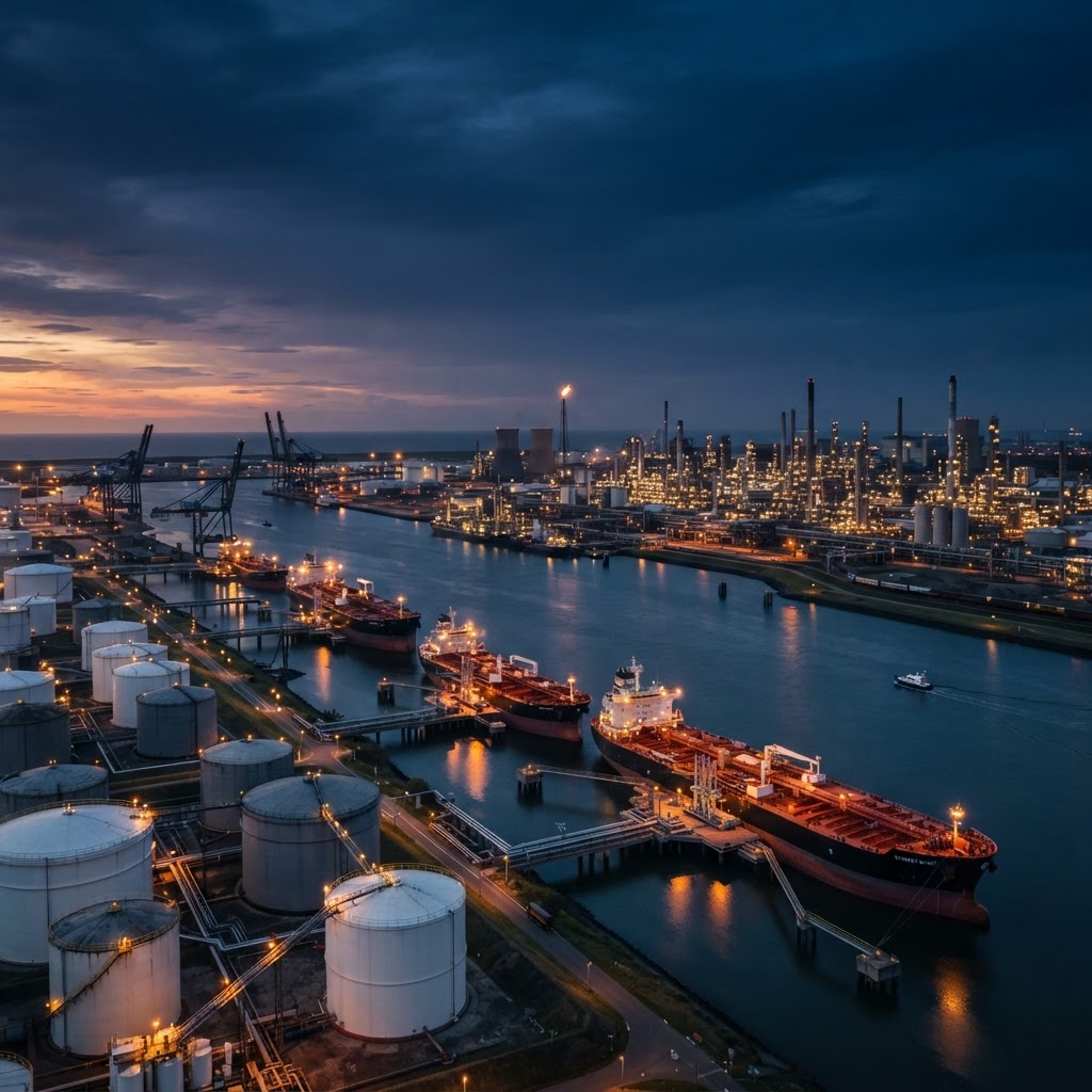 Port of Rotterdam oil terminal at blue hour