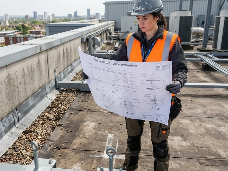 Roof safety inspector on a commercial rooftop reviewing a roof anchor engineering drawing in hand