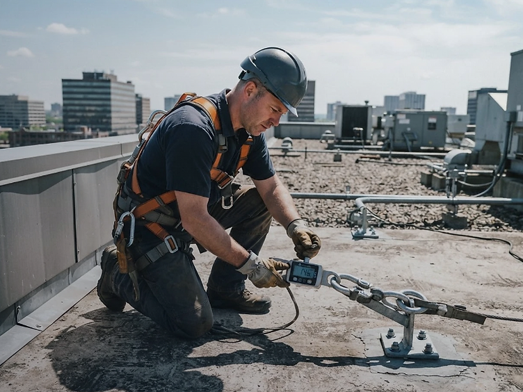 Technician load testing a roof anchor with a hydraulic test rig on a commercial rooftop