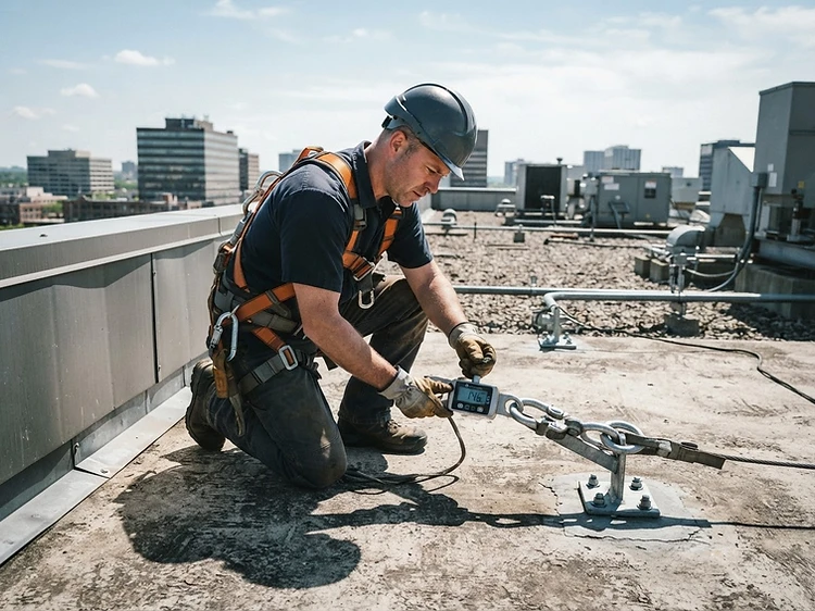 Certified safety inspector examining a roof anchor with a load testing device