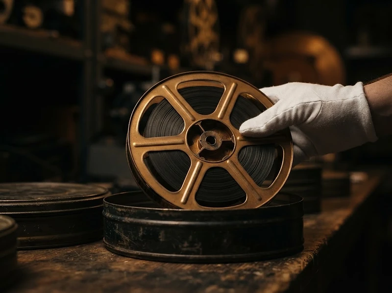 White cotton gloves lifting a 16mm film reel