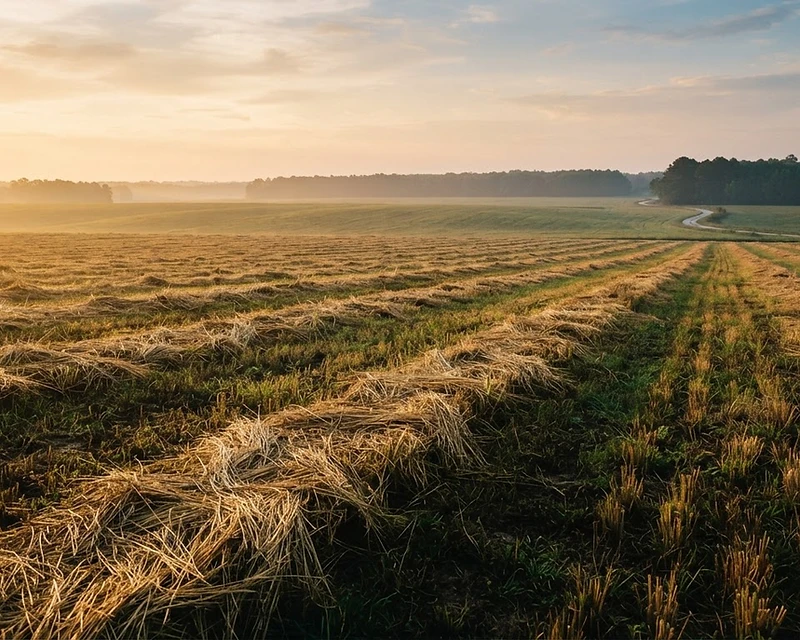 Wide landscape of 22 acres of golden Coastal Bermuda hay fields at sunrise off McNeill Hobbs Rd in Bunnlevel, North Carolina