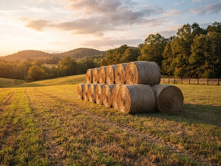Several large 4x5 round bales of golden Coastal Bermuda hay stacked neatly in a clean field at golden hour