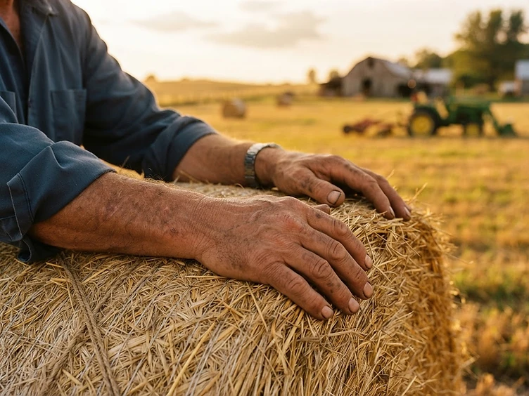 Weathered working hands resting on a golden round hay bale at Kreitlow Farms, showing the family-owned tactile connection to the land