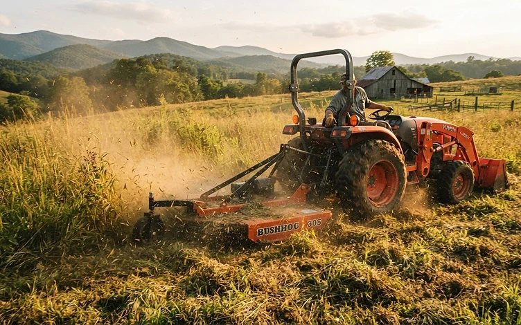 Compact tractor with a 5-foot bushhog attachment mowing tall overgrown grass, dust catching golden hour light