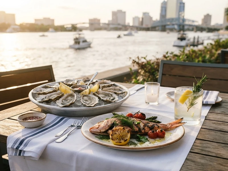 Golden-hour view of a riverfront restaurant deck