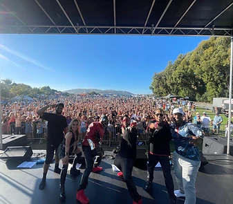 Black Eyed Tease performing live in front of a festival audience with raised hands