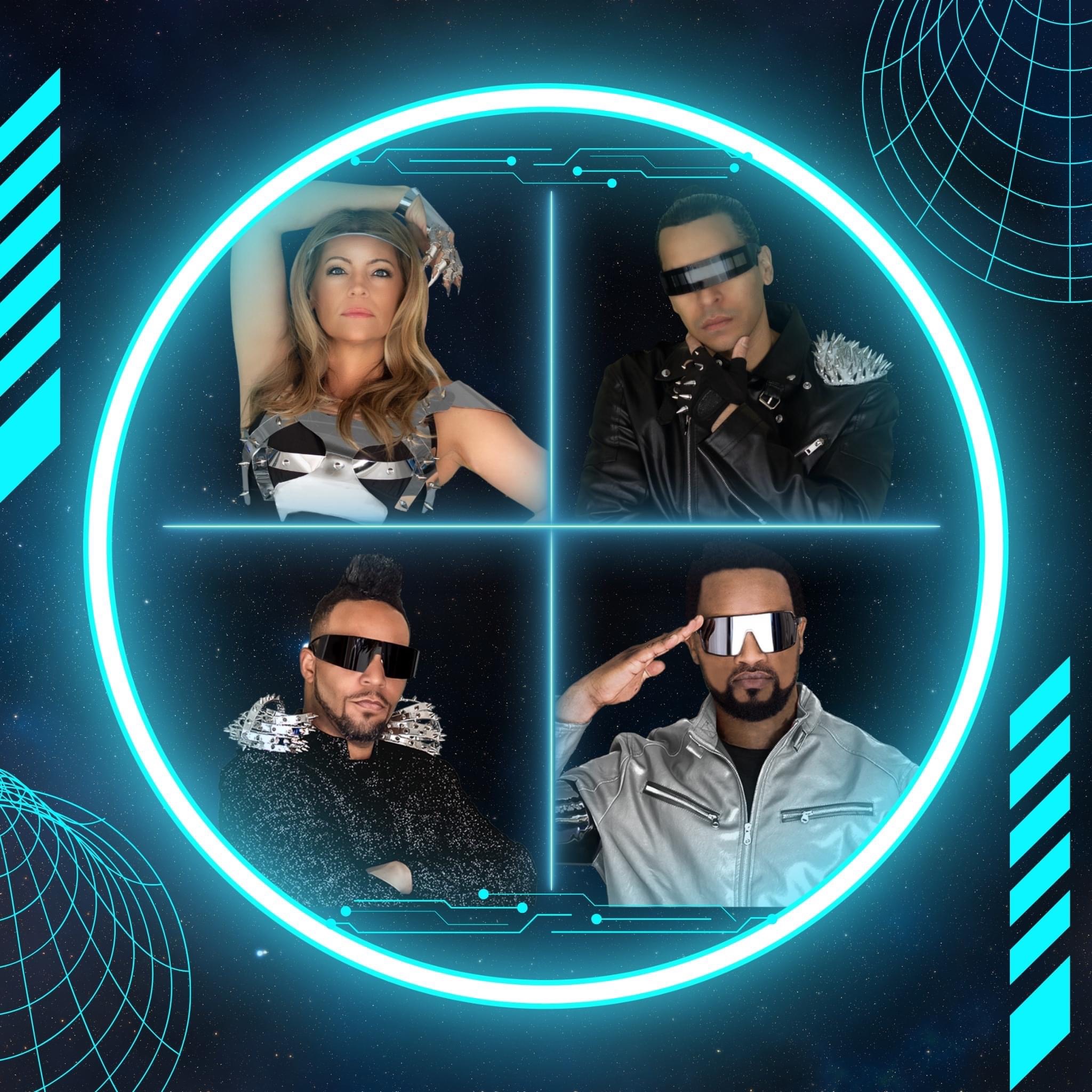 Four featured Black Eyed Tease performers in a futuristic teal circular design.