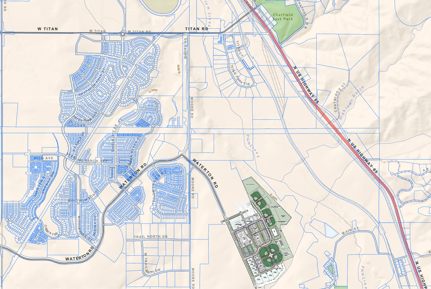 Zebulon area map — Santa Fe, Titan Road, Chatfield Reservoir, Sterling Ranch, Highlands Ranch