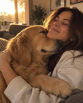 A woman embracing her Golden Retriever in warm backlit light