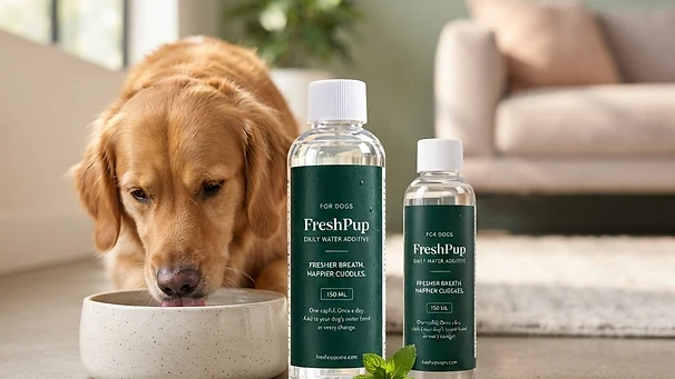Dog drinking casually from a water bowl with FreshPup additive