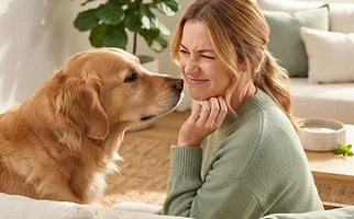 Woman pulling away from her dog on the sofa