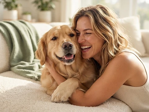 Woman happily cuddling her dog on the sofa