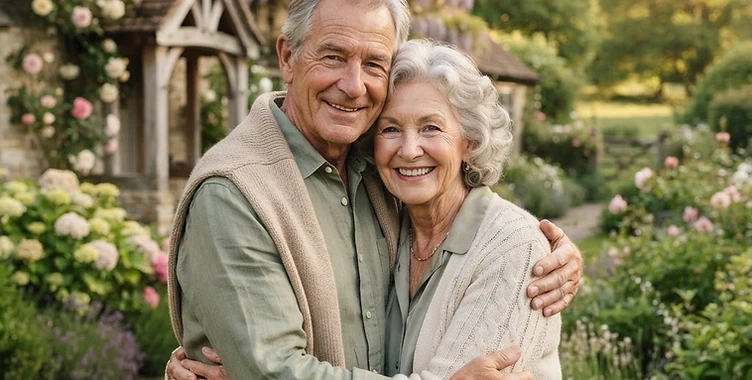 Pareja de abuelos abrazados y sonriendo frente a una casa de campo