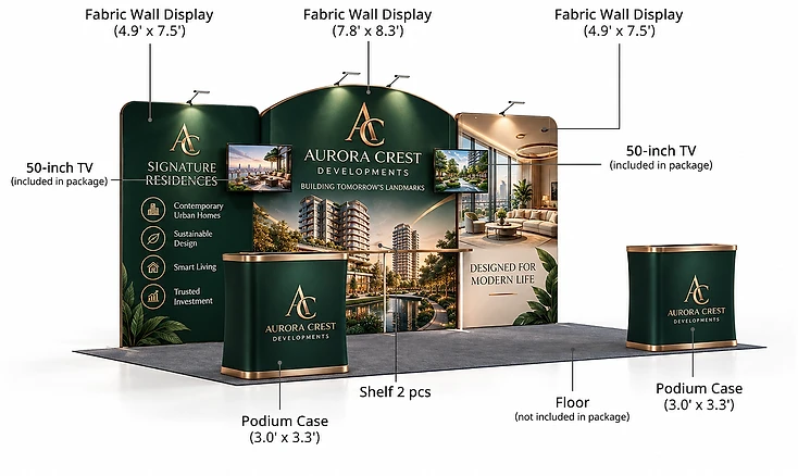 Example booth layout with dimensions — fabric wall displays, 50-inch TVs, podium cases, and shelf