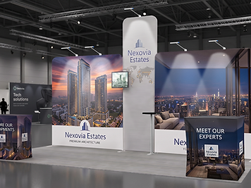 Branded exhibition booth with central pillar, backdrop panels and podiums
