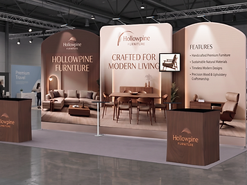 Branded exhibition booth with arched fabric backdrops, mounted monitor and counter stands