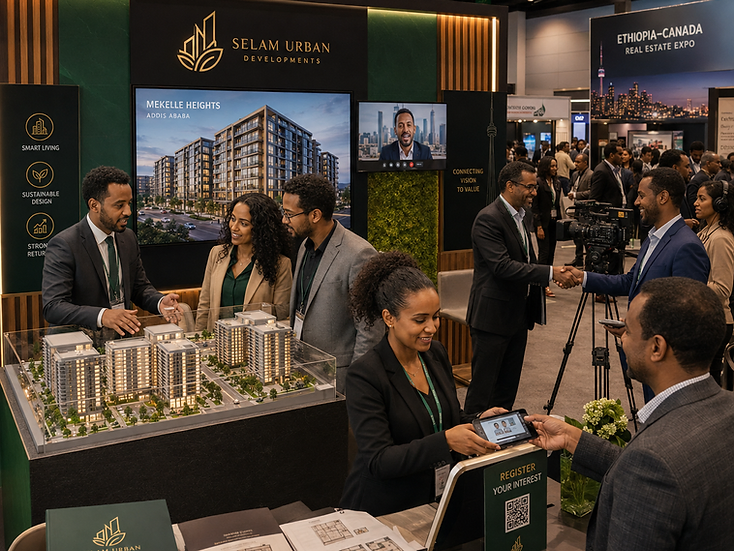 Branded booth with a dedicated representative, visitors, and the developer appearing on the booth screen