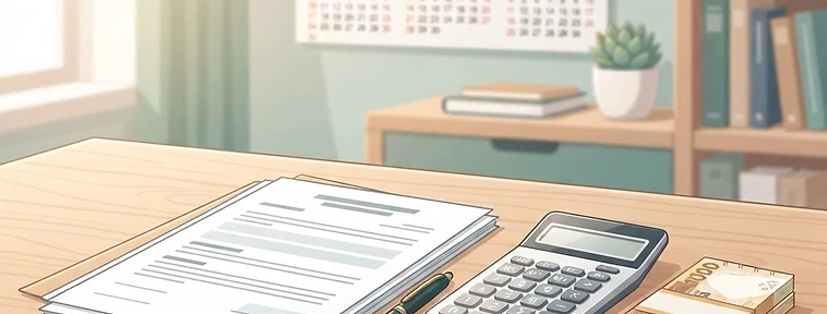 插圖顯示書桌上的合約、計數機和港幣，代表外傭工資管理。