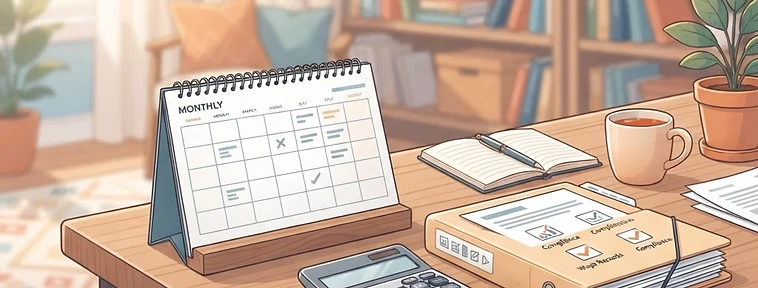 整潔的書桌上有文件和計算機,代表外傭出糧紀錄