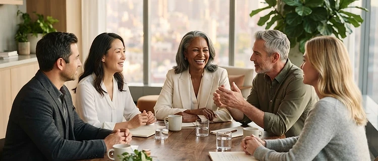 Diverse leaders collaborating in a bright office