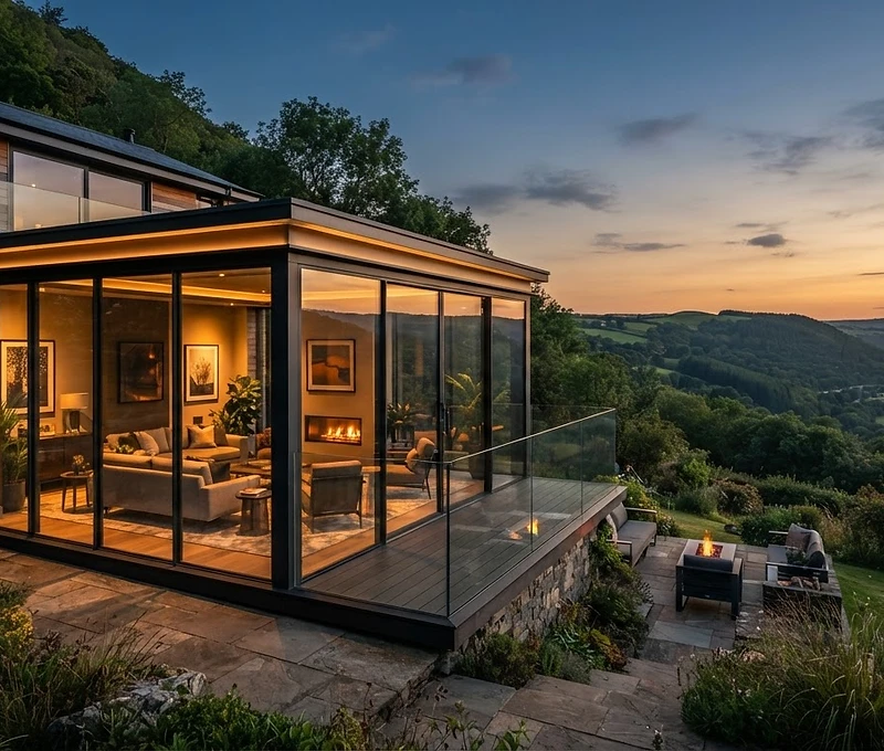 A glazed garden room lit from within at dusk, overlooking a South Wales valley