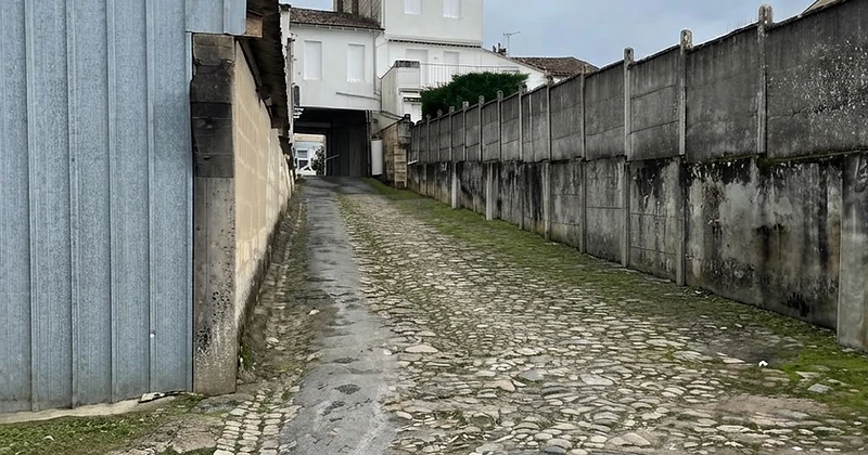 Allée pavée de l'enceinte close du parking, murs de clôture et accès privé