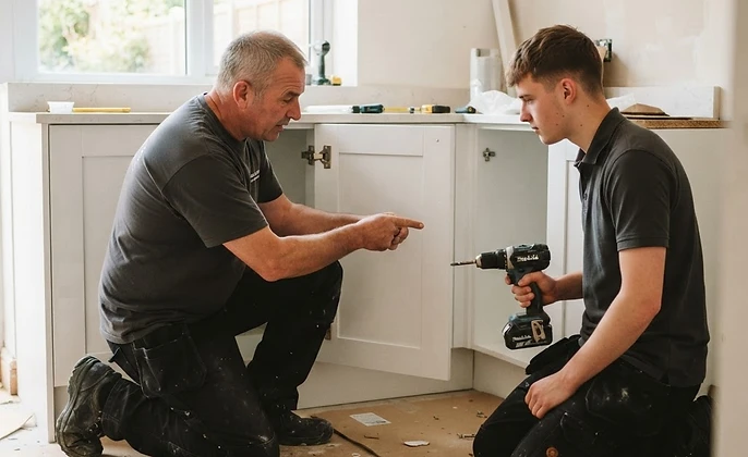 Jeune apprenti apprenant le montage d'une cuisine aux côtés d'un poseur expérimenté
