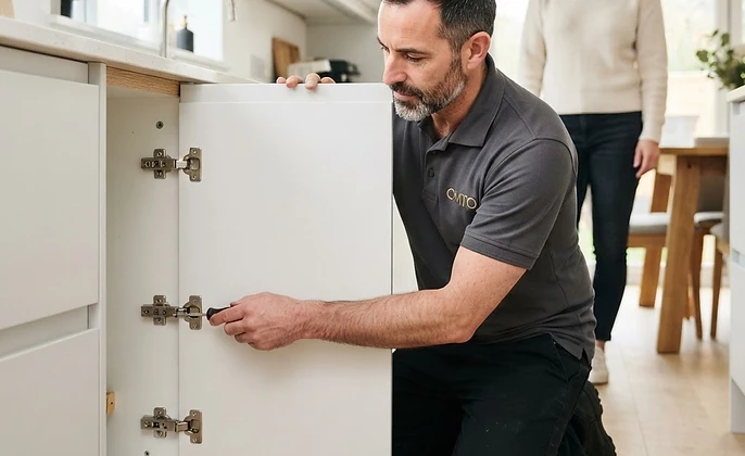 Poseur en agencement intérieur qualifié réglant une cuisine sur-mesure devant un client satisfait