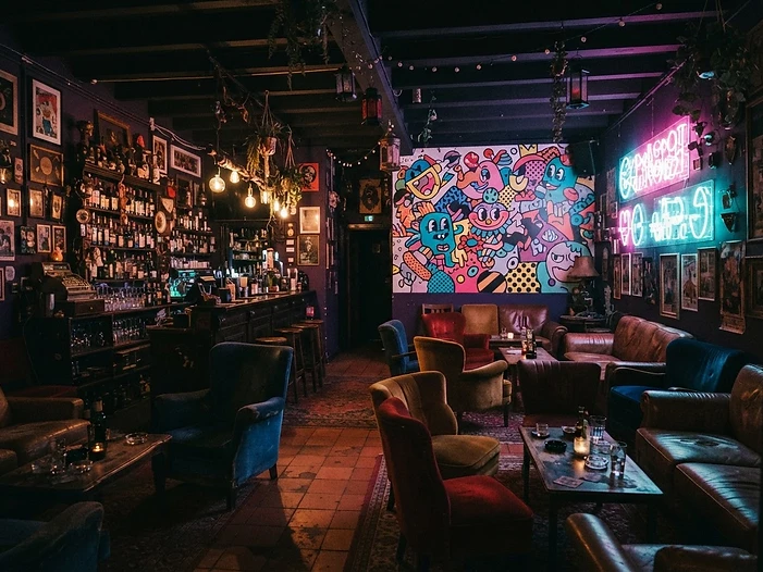 The colourful interior of Hey Dude Bar