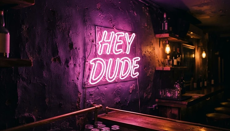 Hey Dude neon sign glowing inside the bar