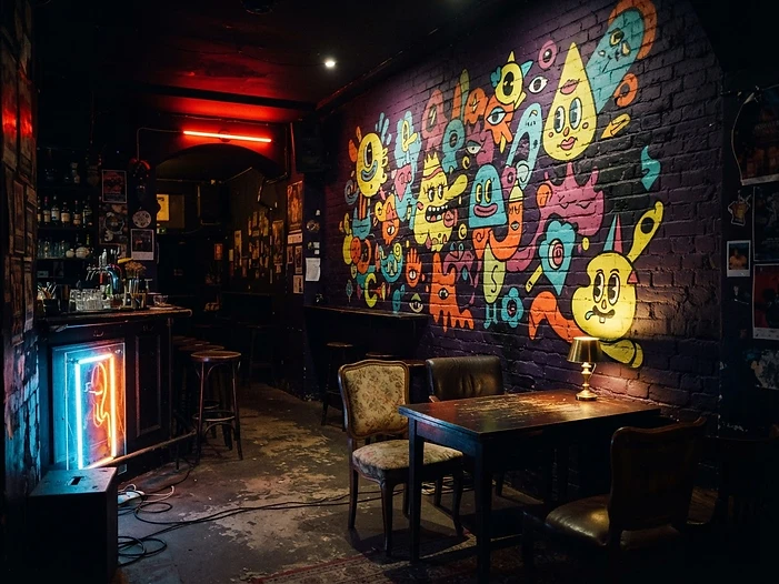 A colourful mural inside Hey Dude Bar