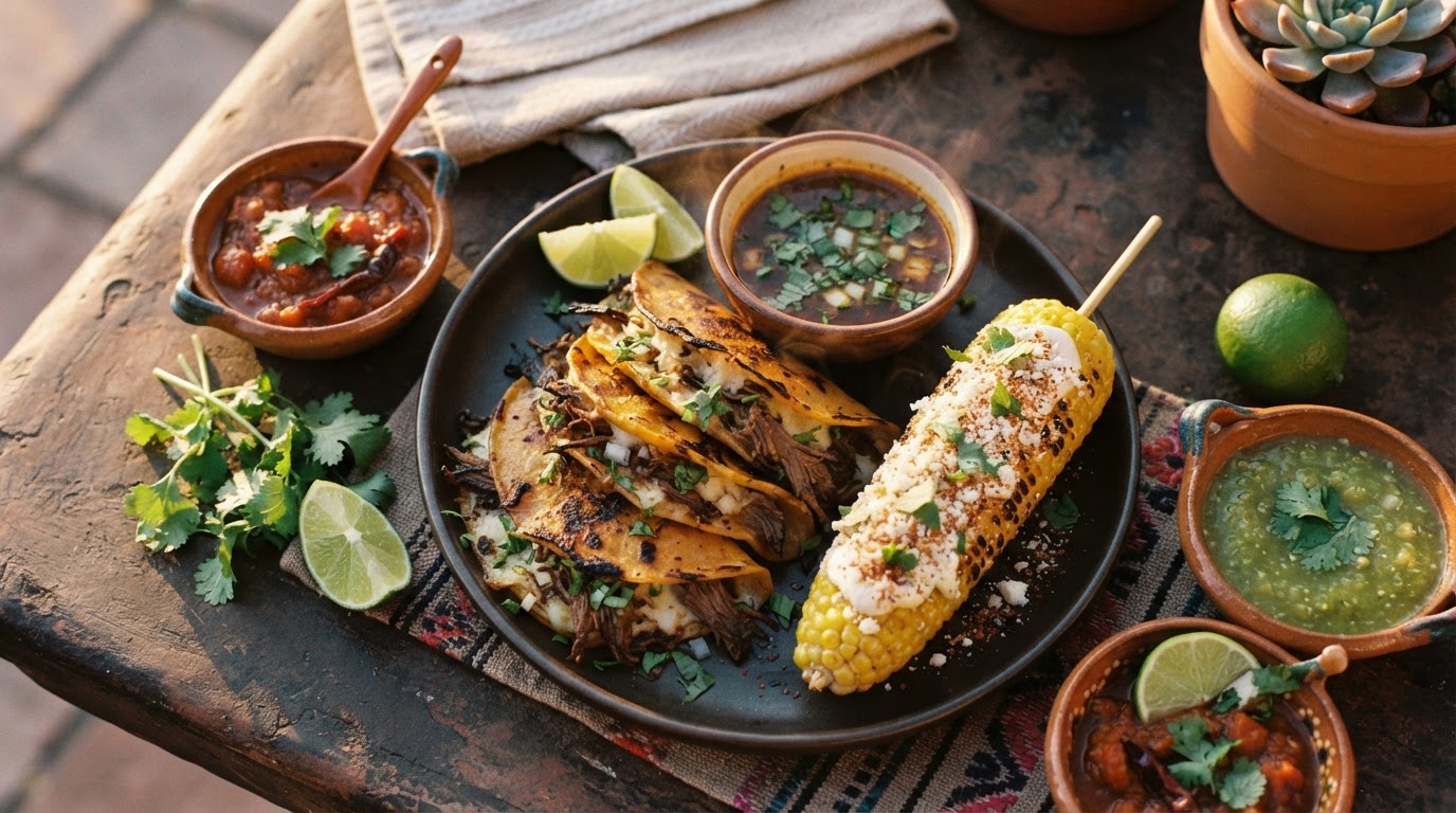 Authentic Mexican street food spread — birria tacos, elote corn and salsas at Elote Tacos