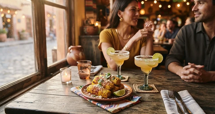A welcoming table set with elote corn ribs and margaritas at Elote Tacos
