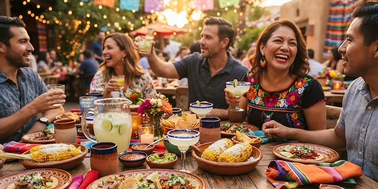 Friends gathered around a table of tacos at Elote