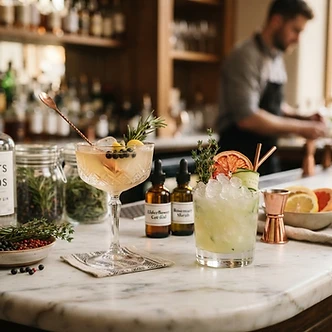 Two botanical gin cocktails with fresh herbs
