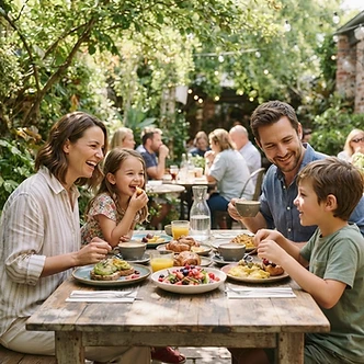 A family sharing brunch at a garden café table