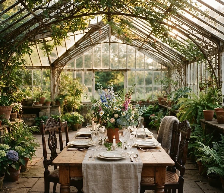 Sunlit greenhouse set for dining