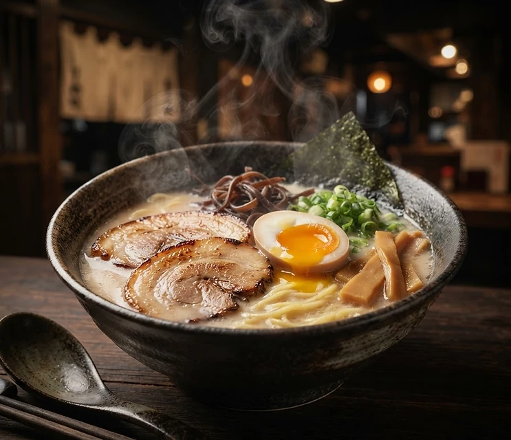 Close-up of pork chashu and soft-boiled egg in rich broth