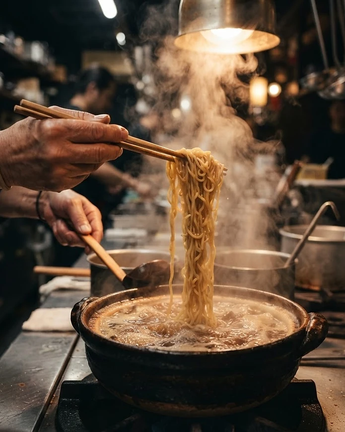 Chef lifting ramen noodles with chopsticks