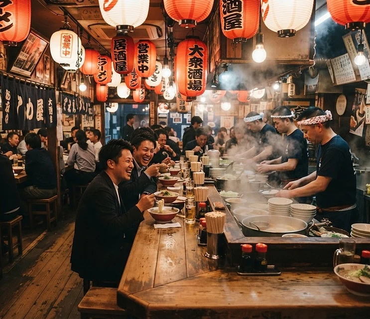 Warm Japanese izakaya interior with glowing lanterns