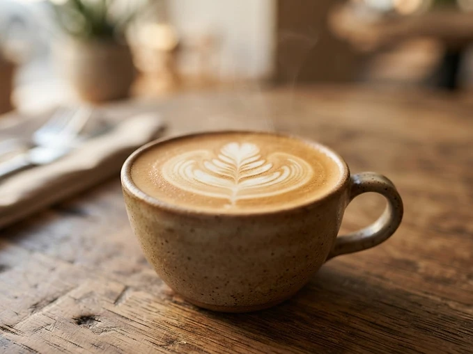Flat white coffee with latte art at Hetty's Place